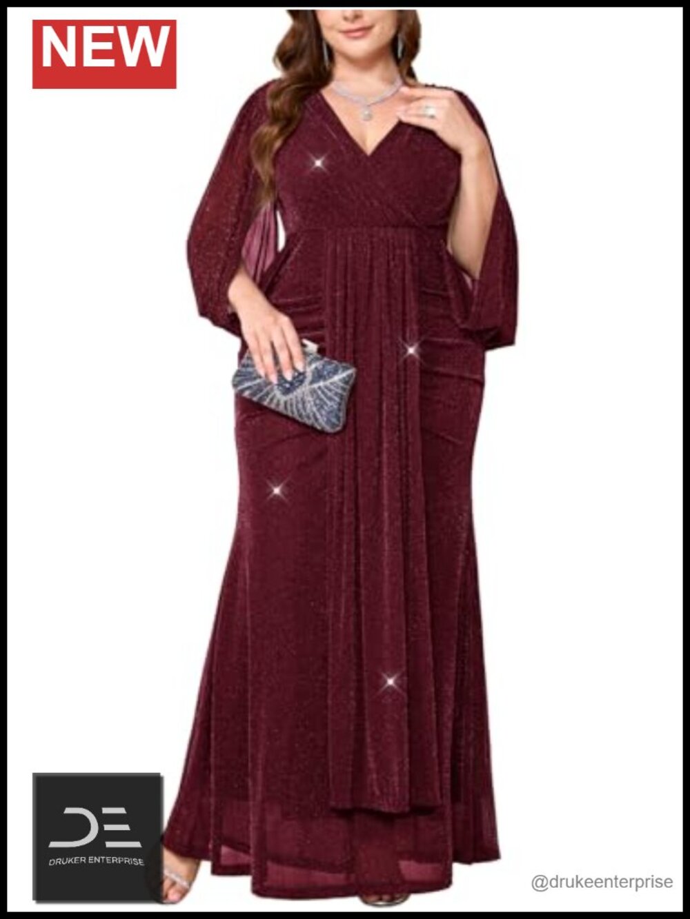 Plus Size Sparkly Formal Maxi Dress V Neck Cape Sleeve Ruched Mermaid Evening